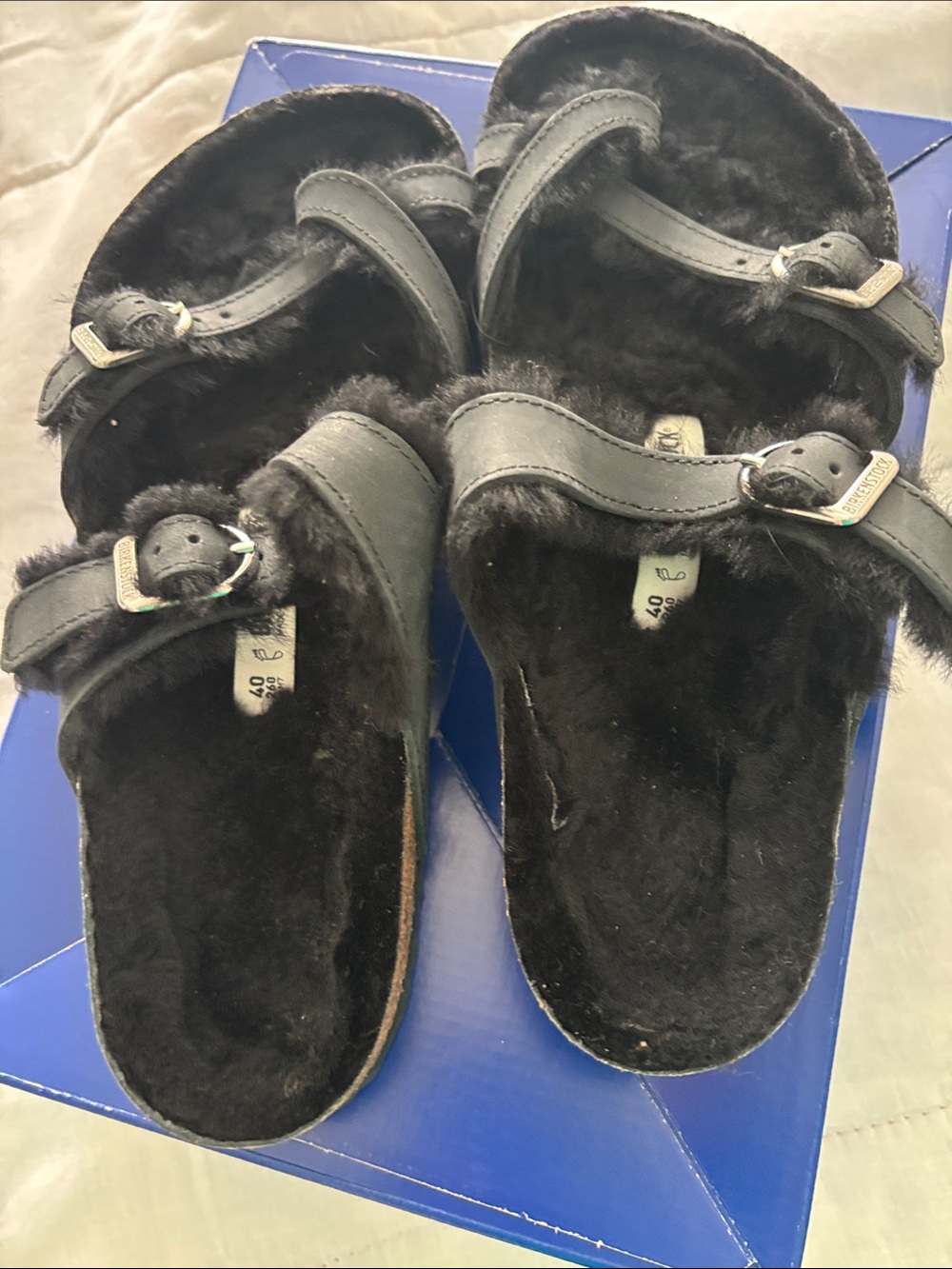 Birkenstock Black Faux Fur Arizona Two-Strap Slide Sandals